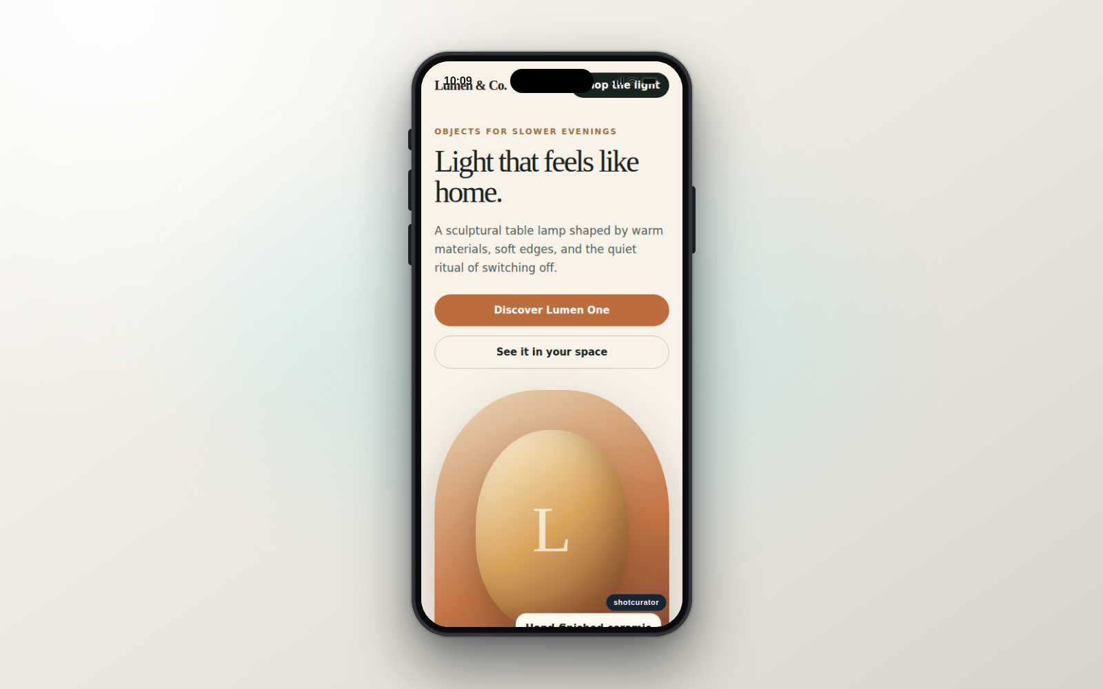 Responsive product page rendered inside a modern phone frame