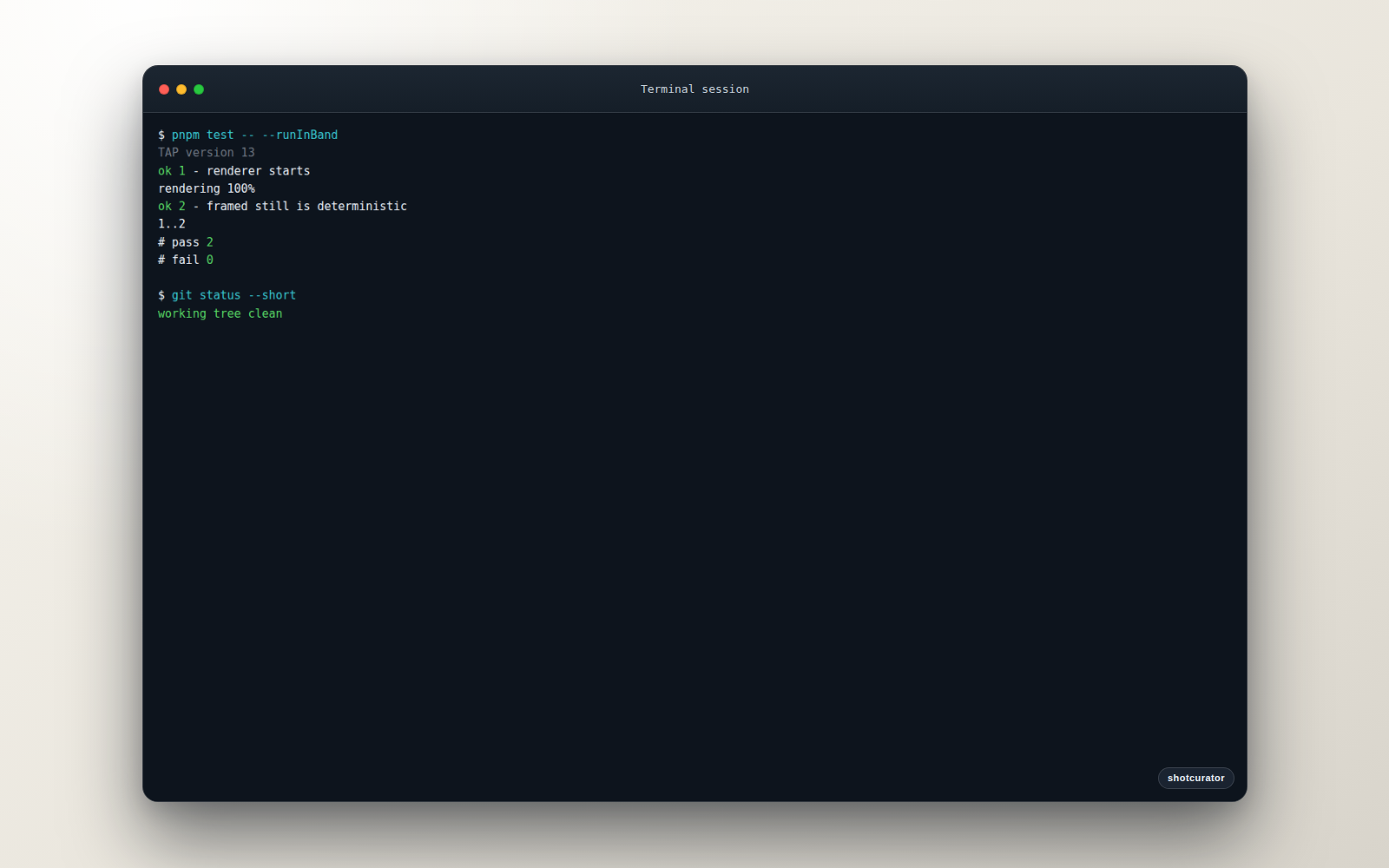 A successful test run rendered inside the terminal-v1 frame